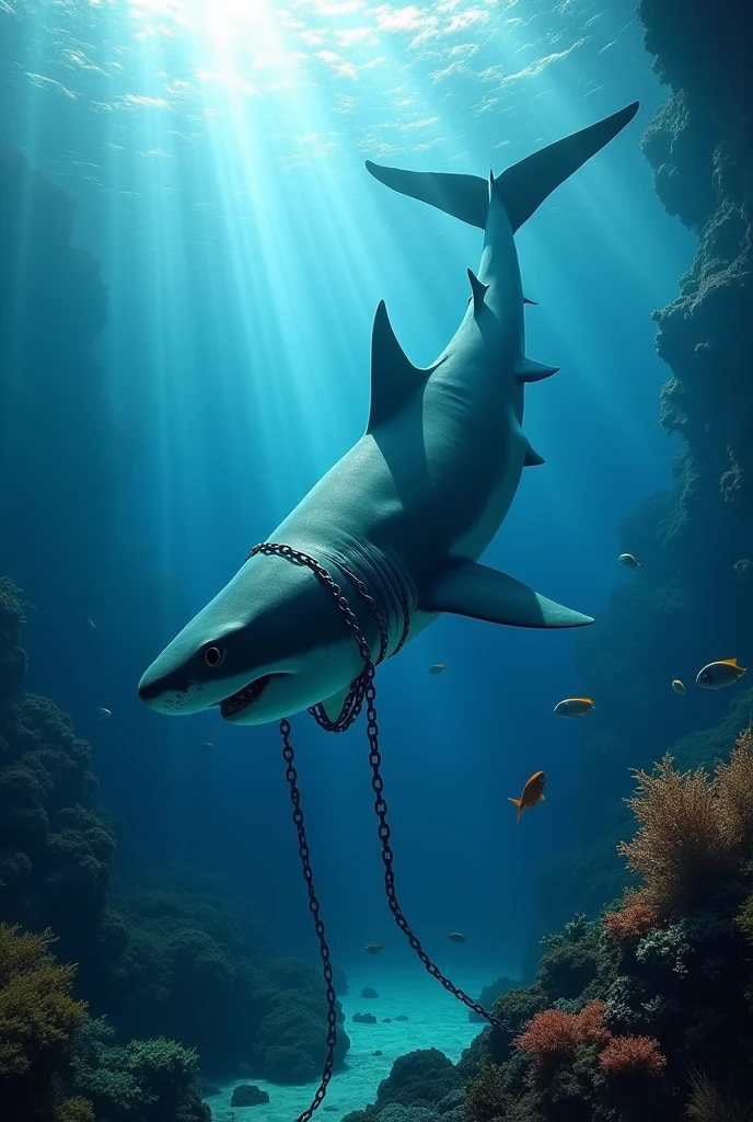 shark　Giant tail fin　Giant tail　Big tail fin　Tail large　sharkのおしりの周りを鎖で縛って　Pulling with a chain on the tail　Please don't put a chain on your head.