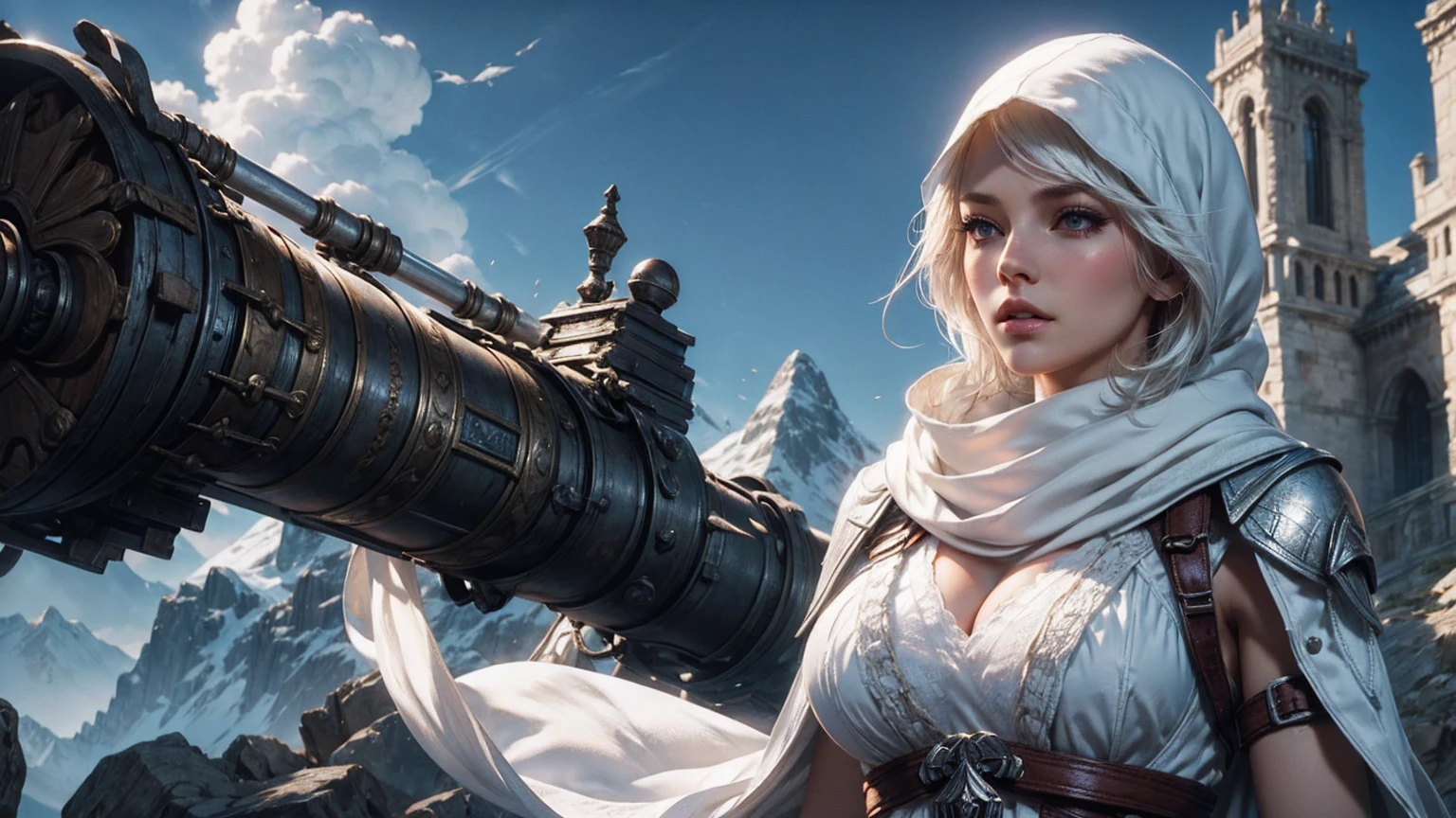 face perfect, Beautiful girl, breasts big, short white hair,Kale, Assassin's Creed white clothing, white scarf, canons, Mountain top, whole body
