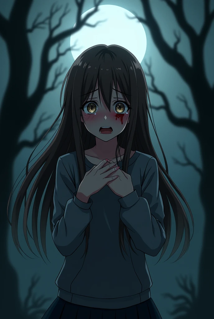 with long brown hair, extremely scared and horrified, bleeding, Terror, Realistic Anime