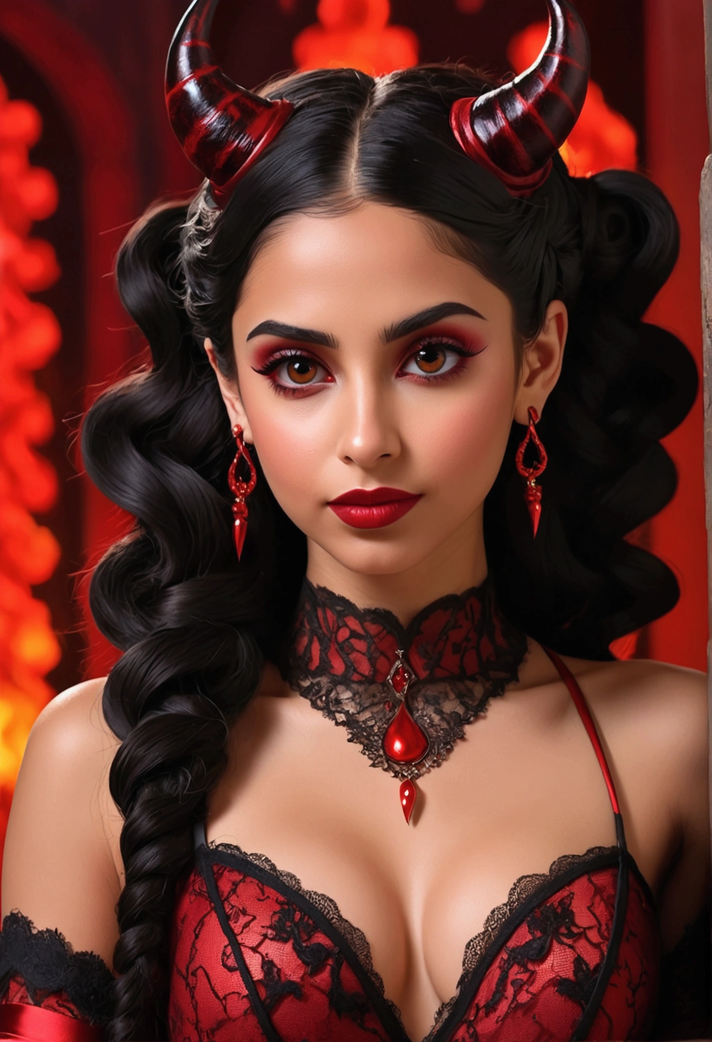 Full body shot Naomi Scott devil, ringlets wavy five feet long black hair, updo hairstyle with ponytail on one side and long braid, strong thighs, dark red glossy lips, heavy red eye shadow long red eyeliner, long sharp claws, red lace beautiful and creative devil bodysuit, huge cleavage, devil horns, no earrings, no earrings, no earrings, no jewels, beautiful forehead lace ornament, posing in a feminine devil hell, happy expression, red ambience night time fire lights. No faces on her chest!