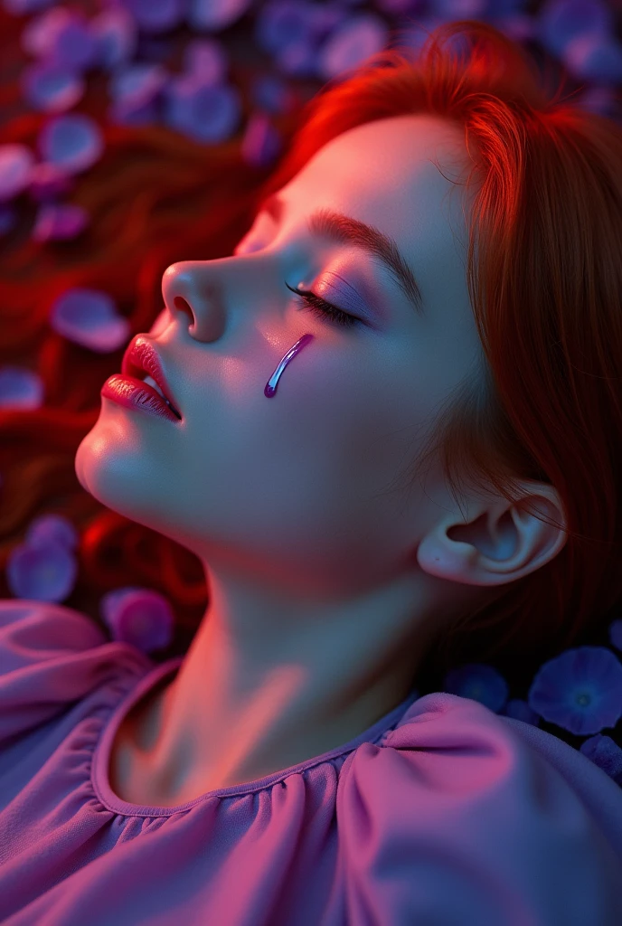 red-haired girl lying on her back, Close-up view. only her profile face is visible, with eyes are closed and there are tears running down her cheek, Purple tears are flying upwards and the lighting is red and purple and there are purple petals around 