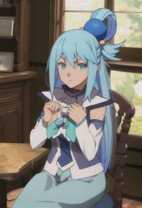 {safe:1.10}, best quality, masterpiece, highres, solo, {aqua_konosuba:0.90}, sitting, sitting on chair, chair, cowboy_shot, looking at viewer