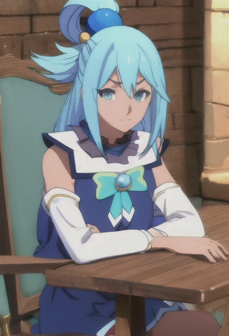 {safe:1.10}, best quality, masterpiece, highres, solo, {aqua_konosuba:0.90}, sitting, sitting on chair, chair, cowboy_shot, looking at viewer