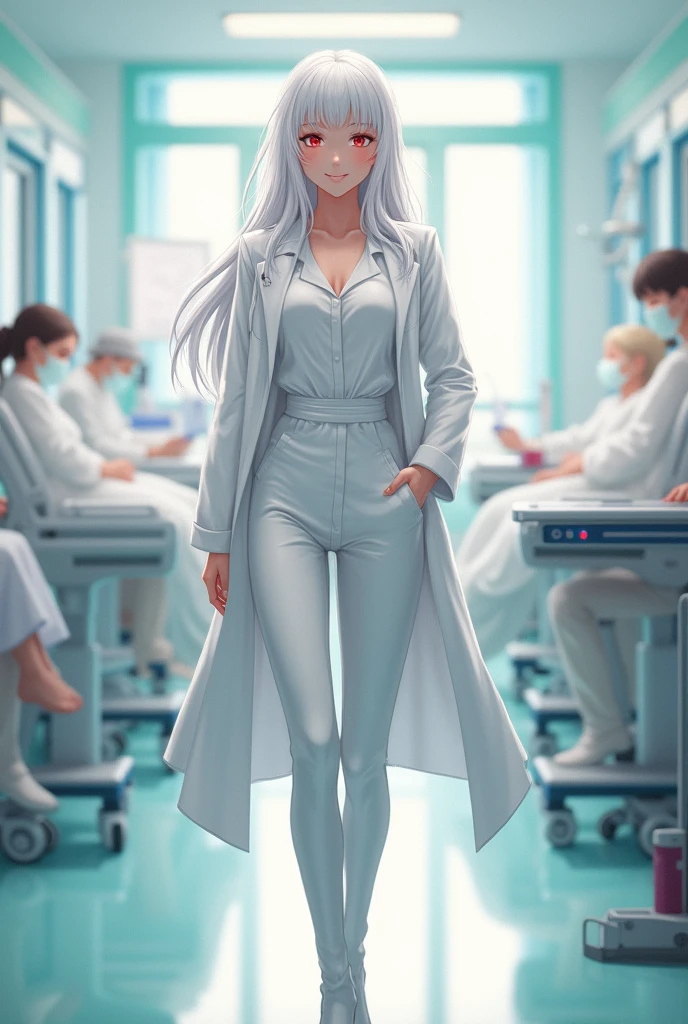 Sora is a tall woman, De pele clara, red eyes and long white hair that reaches mid-thigh. She wears a white blouse, White coat, white pants and white boots. She smiles kindly in a hospital, Well, she's a nurse