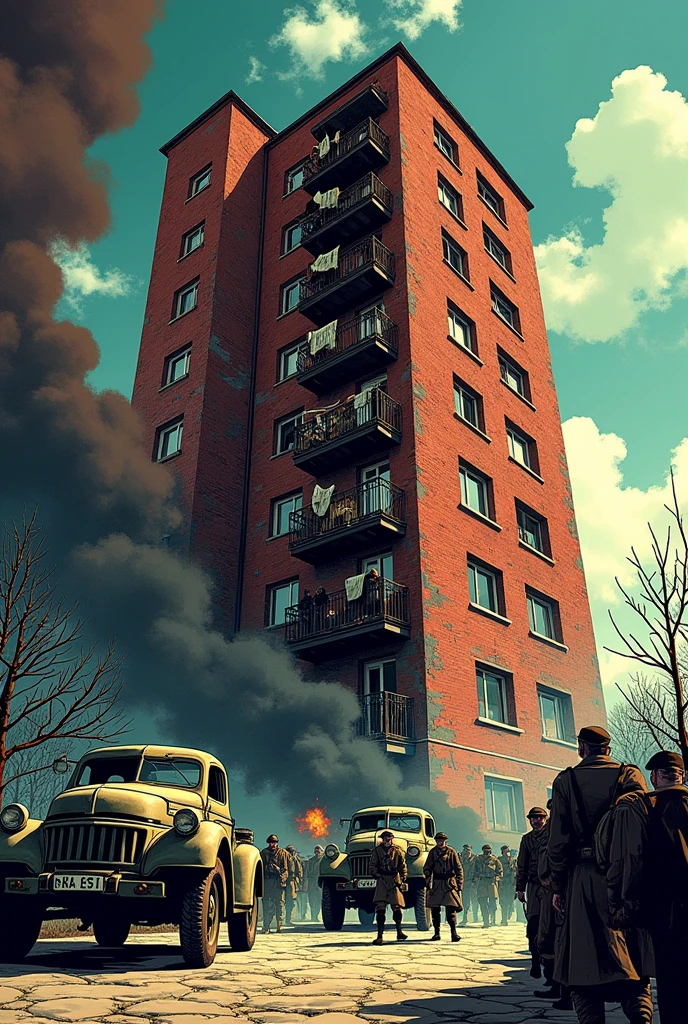 Make me a comic-style picture of a building with apartments during the second gundial war with Nazi stuff
