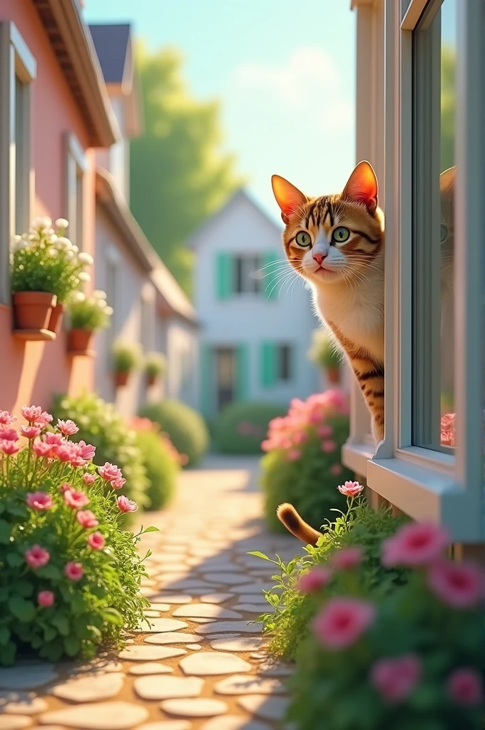 A serene neighborhood with , a mischievous cat named Whiskers Whiskers peeking out from behind a window.