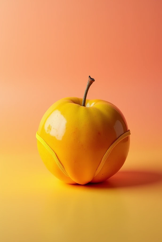 a round fruit like a peach shaped like a butt, neon yellow and orange colors, In the background, the fruit looks like a huge butt centered on the screen with a yellow latex underwear on