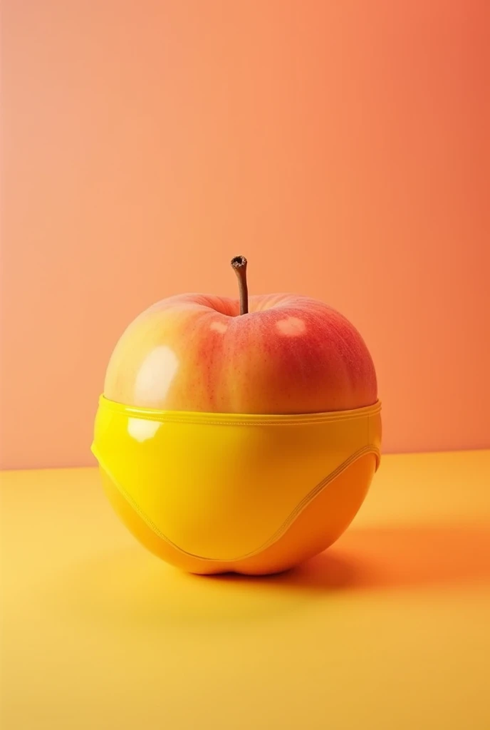 a round fruit like a peach shaped like a butt, neon yellow and orange colors, In the background, the fruit looks like a huge butt centered on the screen with a yellow latex underwear on