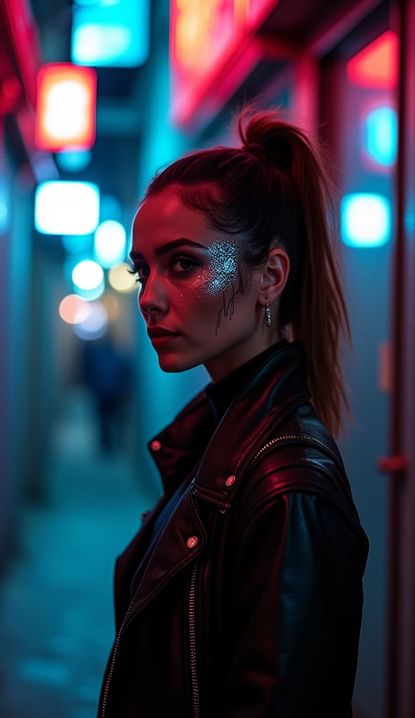 A closeup of a woman wearing a cyberpunk jacket, cyber implants, and a Techwear Occultist style. The woman has a bionic eye and a circuit tattoo on her cheek. It's in a dark alley with colored neons behind it. The optional additional keyword is mysterious.