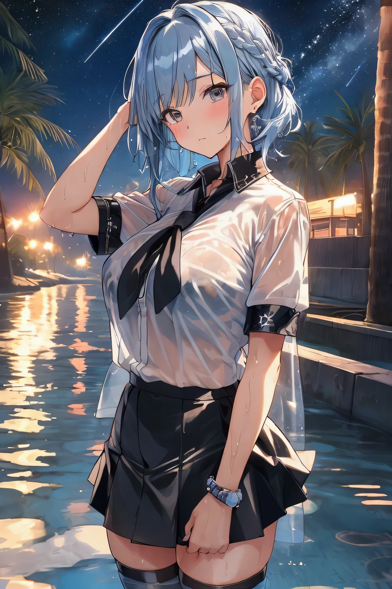 masterpiece, best quality, extremely detailed a pretty woman,wet hair,short sleeve,mini skirt,blue hair,black eyes,every life,clear ,zettai ryouiki,big sister,night,starry ,night sky,beach at night,big breasts