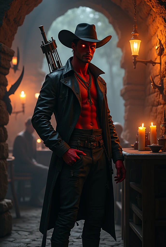 Young adult demon with a crossbow and a duster with hat