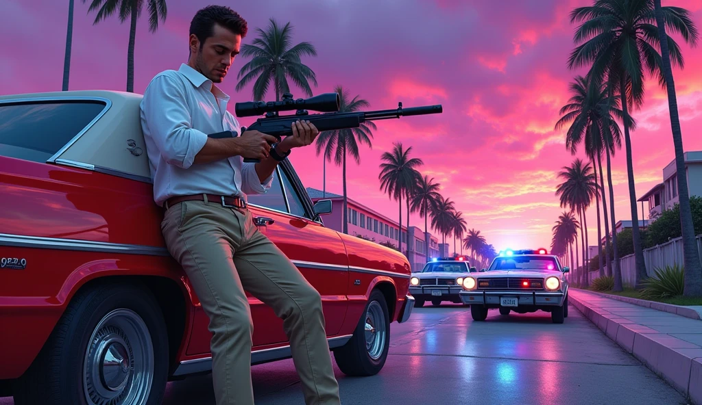 Estilo GTA V artwork, A man in a white shirt and beige pants holds an M416 while hiding behind a vintage 70s car, Police cars approach in the background, Miami suburbs, shades of purple and pink, Realistic colorful illustration, award-winning illustration in color, (Complicated Detail), (fine-details)