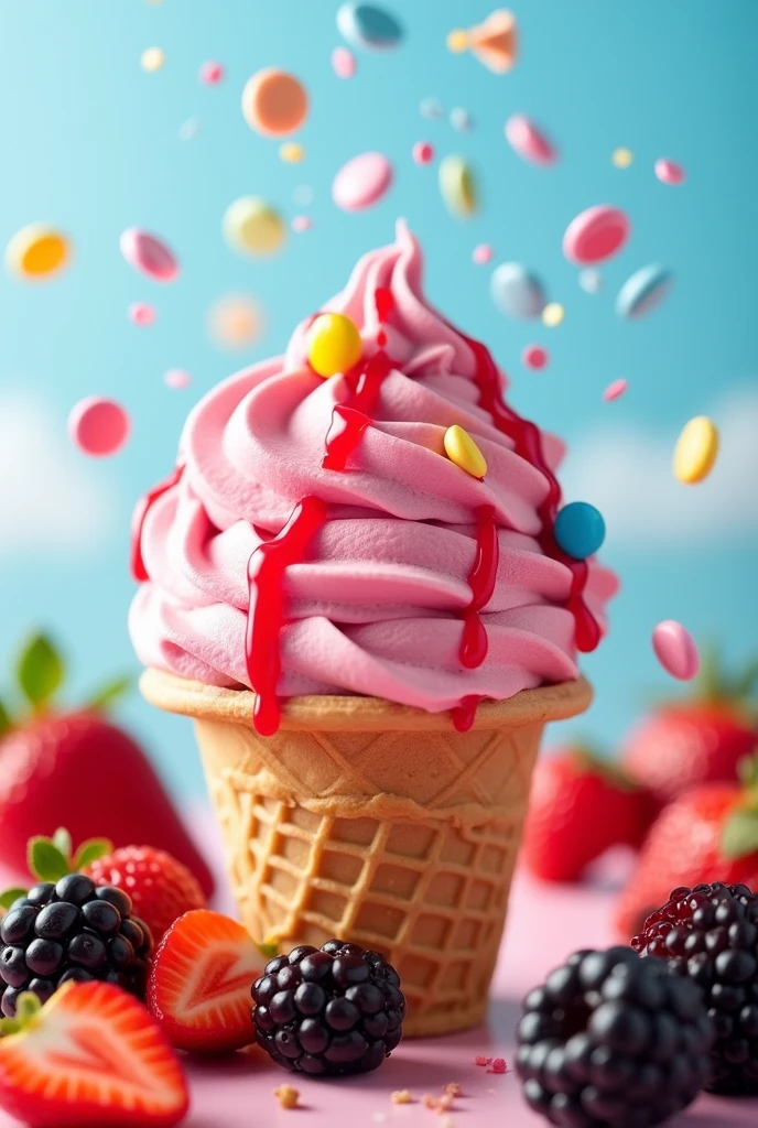 Create a pink circular ball ice cream with thin red fruit sauce and colorful chips and below the ice cream a cone. Blackberry and strawberry fruits around the cone. 
sunny background with name sweet summer 
