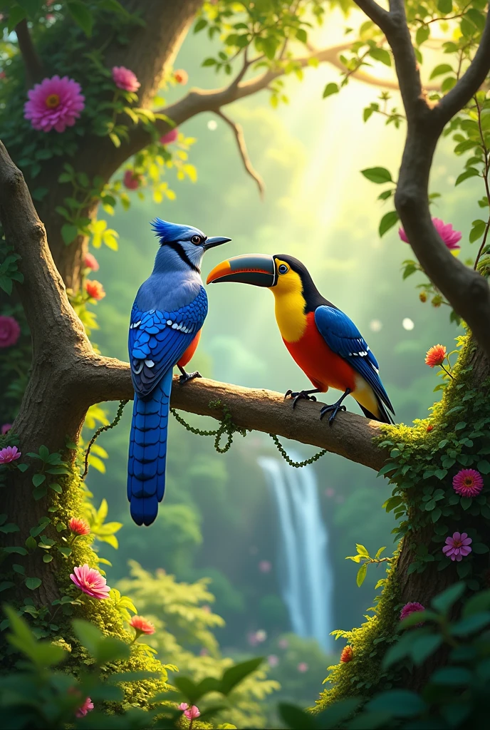 The blue jay and the toucan are having fun in the forest singing