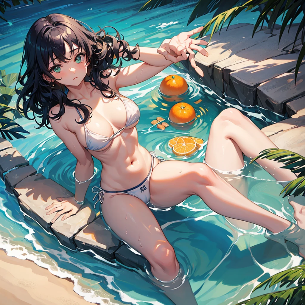 A girl with curly navy blue hair, her green eyes, bigger chest for an 18 year old girl, the figure of a gymnast, White skin, He took a bath with orange-colored water., on the beach at night 