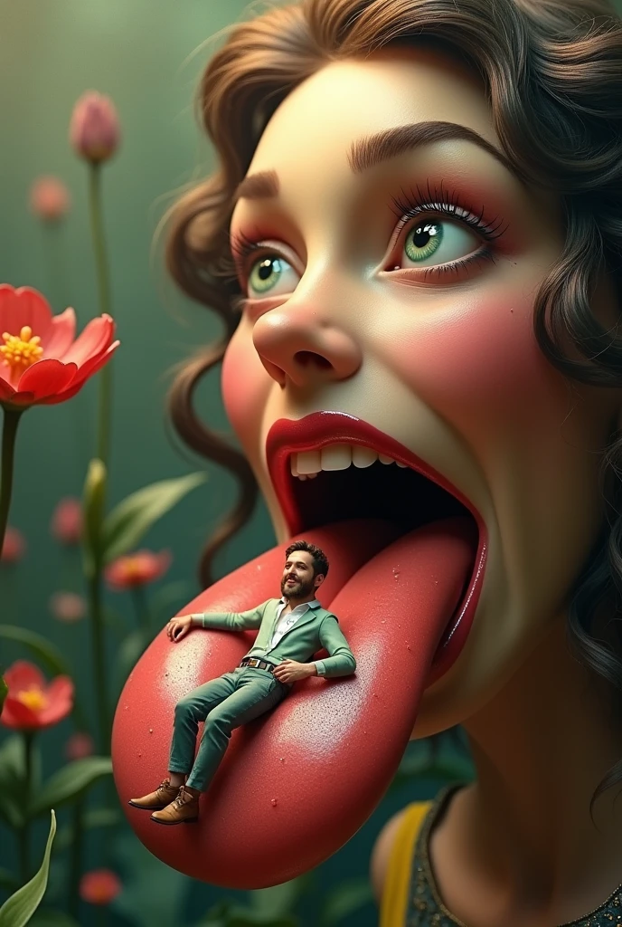 Tiny man lying on giant woman's giant tongue