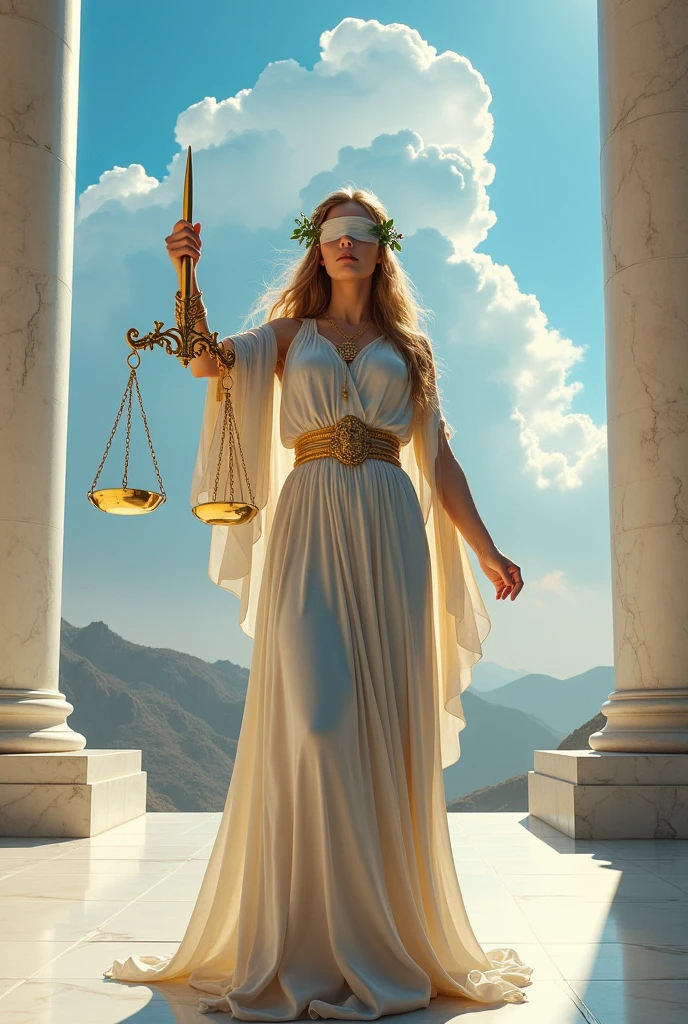 Greek goddess of justice with a blindfold over one eye