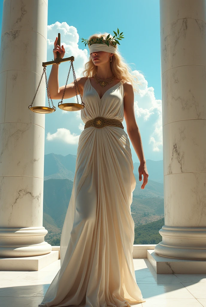 Greek goddess of justice with a blindfold over one eye