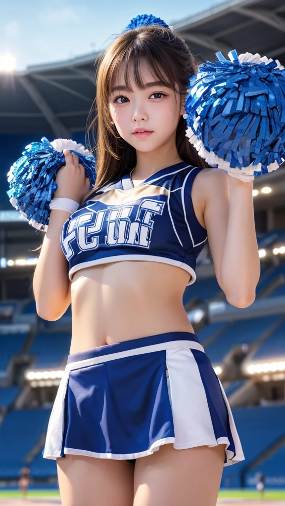 Product quality,1 person,Cowboy Shot,Front view,Thigh Emphasis,(Knee-deep shots:1.3),Young and beautiful Japan,Cute type,18-year-old,笑face, height:152 cm,Blue Cheerleader,(Holding big pom-poms in both hands:1.5),笑face,(笑face:1.15)cheer leading,Cheerleader uniform,Micro Mini Skirt,No underwear,((Very delicate and beautiful)),((Stadium Background:1.2)),(Asian woman),((Small Head,face:0.4))超かわいいface,Baby Face,Glossy Lips,(Big eyes),Beautiful Eyes,Double eyelids are clearly visible on both eyes.,(Natural Makeup),Brown eyes,Small and cute nose,shiny smooth light brown long hair,,,,Asymmetrical bangs,Center image,8k resolution,Attention to detail,Detailed hairstyle,詳細なface,Cinema Lighting,Octane Rendering,Ultra-realistic,Perfect limbs,Voluptuous thighs,Plump body,Huge breasts,(Expresses the roundness and softness of the chest area............1),(Perfect figure),(Perfect Anatomy),Soft Skin,(Glowing Skin, Sweaty: 1.3),((cheer dance pose:1.5))
