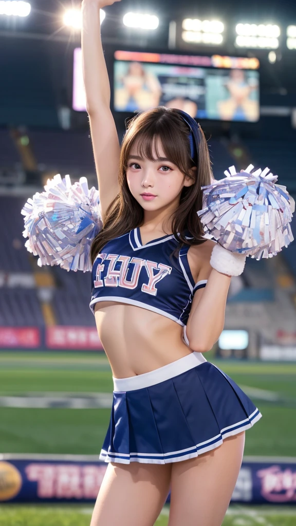 Product quality,1 person,Cowboy Shot,Front view,Thigh Emphasis,(Knee-deep shots:1.3),Young and beautiful Japan,Cute type,18-year-old,笑face, height:152 cm,Blue Cheerleader,(Holding big pom-poms in both hands:1.5),笑face,(笑face:1.15)cheer leading,Cheerleader uniform,Micro Mini Skirt,No underwear,((Very delicate and beautiful)),((Stadium Background:1.2)),(Asian woman),((Small Head,face:0.4))超かわいいface,,Glossy Lips,(Big eyes),Beautiful Eyes,Double eyelids are clearly visible on both eyes.,(Natural Makeup),Brown eyes,Small and cute nose,shiny smooth light brown long hair,,,,Asymmetrical bangs,Center image,8k resolution,Attention to detail,Detailed hairstyle,詳細なface,Cinema Lighting,Octane Rendering,Ultra-realistic,Perfect limbs,Voluptuous thighs,Plump body,Huge breasts,(Expresses the roundness and softness of the chest area............1),(Perfect figure),(Perfect Anatomy),Soft Skin,(Glowing Skin, Sweaty: 1.3),((cheer dance pose:1.5))