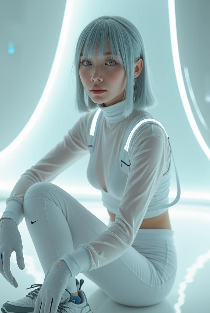 (nsfw:1.2), masterpiece, Best Quality, digital art, The avant-garde, A mysterious and sophisticated young Japanese woman with blue eyes wears futuristic and sexy fashion art. She is seated at a wide angle, with her full body in frame. Her outfit includes see-through white sports wear with multiple elastic white led harnesses designed underneath, and led hem, adding a minimalist beauty. She accessorizes with futuristic accessories and wears technical sneakers. Her demeanor exudes harmony and striking simplicity. hyper small head and face, happy, wide Duck mouth, half open mouth, perfectly aligned teeth, perfect beautiful teeth, light blue eyes, half open eyes, shiny Droopy eyes, gray hair, looking other, She is situated within the interior of a futuristic colony, BREAK (very slim waist:1.2), (huge breasts, cleavage, large buttocks), with mist drifting and steam rising from concrete