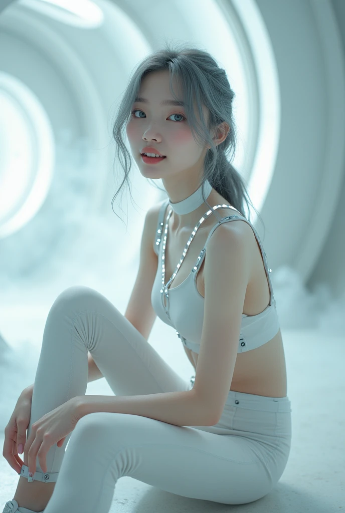 (nsfw:1.2), masterpiece, Best Quality, digital art, The avant-garde, A mysterious and sophisticated young Japanese woman with blue eyes wears futuristic and sexy fashion art. She is seated at a wide angle, with her full body in frame. Her outfit includes see-through white sports wear with multiple elastic white led harnesses designed underneath, and led hem, adding a minimalist beauty. She accessorizes with futuristic accessories and wears technical sneakers. Her demeanor exudes harmony and striking simplicity. hyper small head and face, happy, wide Duck mouth, half open mouth, perfectly aligned teeth, perfect beautiful teeth, light blue eyes, half open eyes, shiny Droopy eyes, gray hair, looking other, She is situated within the interior of a futuristic colony, BREAK (very slim waist:1.2), (huge breasts, cleavage, large buttocks), with mist drifting and steam rising from concrete