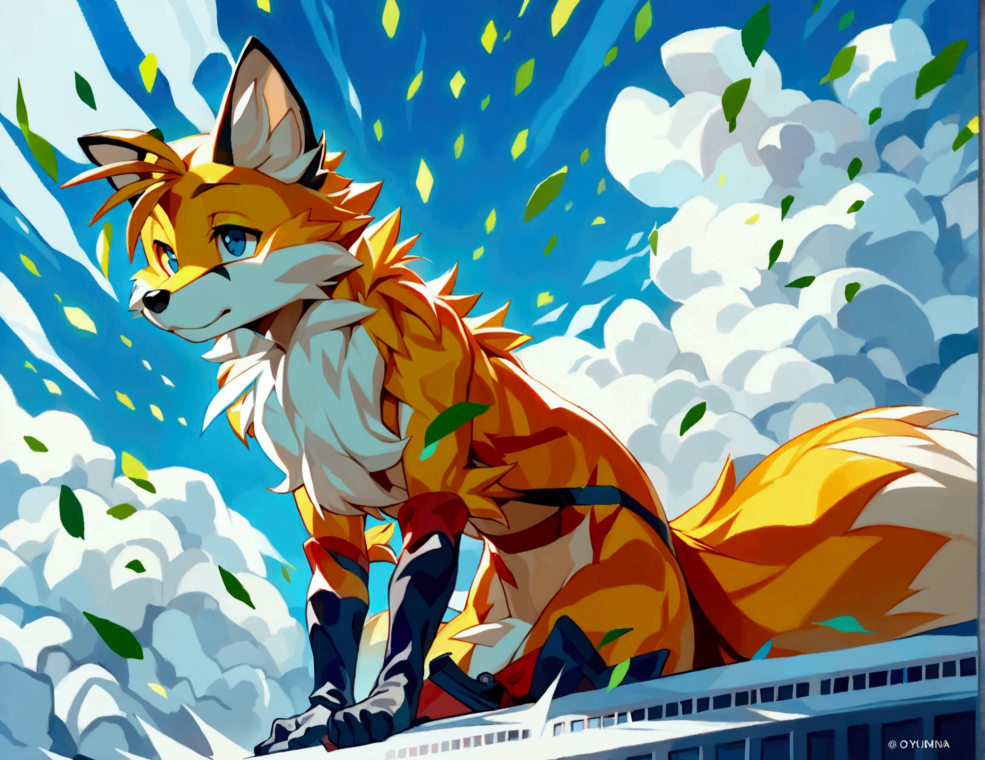 mammal, canid, canine, fox, yuji_uekawa, naoto_ohshima, official_art, miles_prower, young, male, anthro, solo, anthro, mostly_nude, featureless_crotch, red_footwear, white_gloves, sega, sky, 2_tails, digital_painting, (masterpiece, best_quality), safe