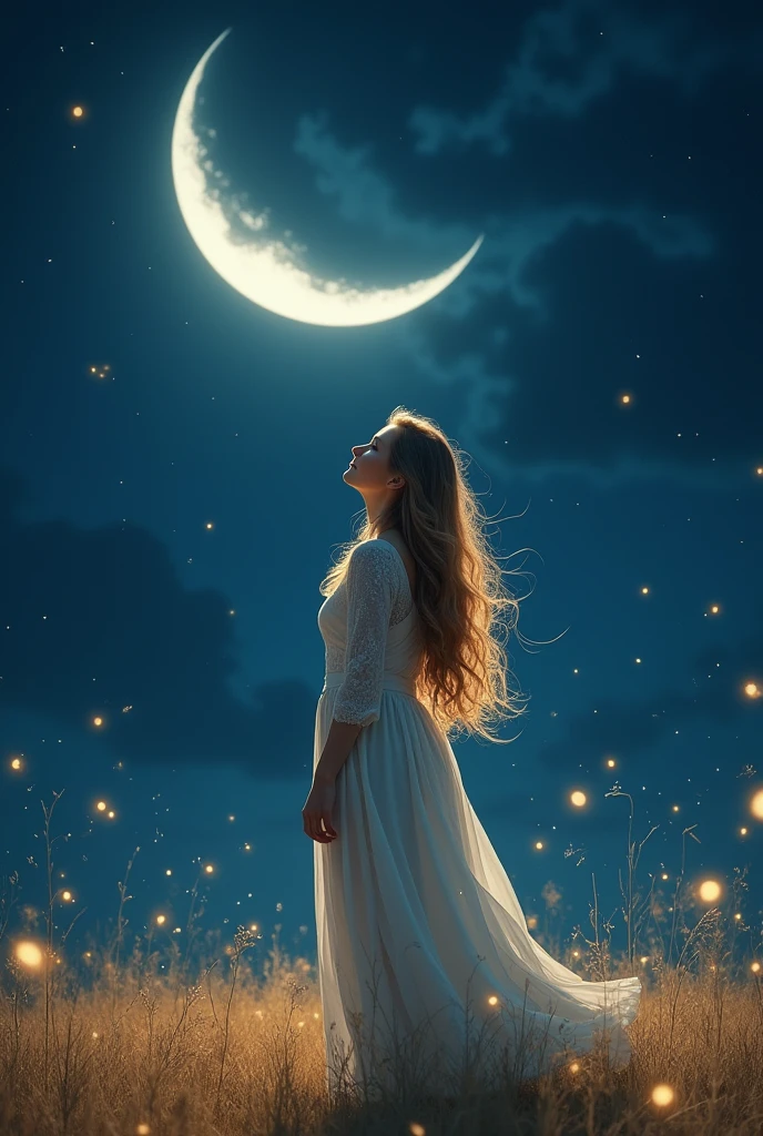 Imagine Laura in a nighttime scene looking at the moon in the background. Laura may be in an open field, with the large and bright crescent moon in the sky above her with fireflies. The soft glow of the moon illuminates Laura, highlighting her in a tranquil setting.She may be wearing flowing clothes that reflect the silvery light of the moon, and her hair with blonde highlights can be flowing in the wind. Add some stars in the sky for a magical touch.