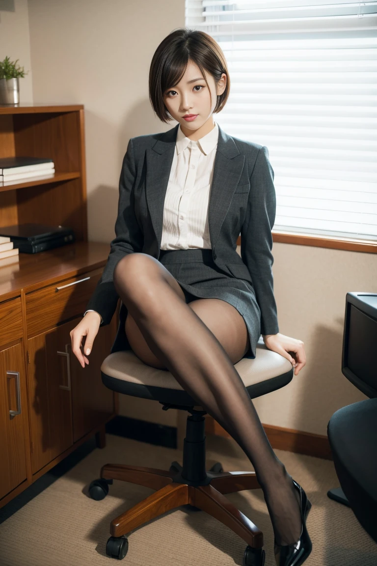 Office, beauty sitting a japanese woman in chair, short hair, beautiful legs, high heels, brown pantyhose, mini skirt suit