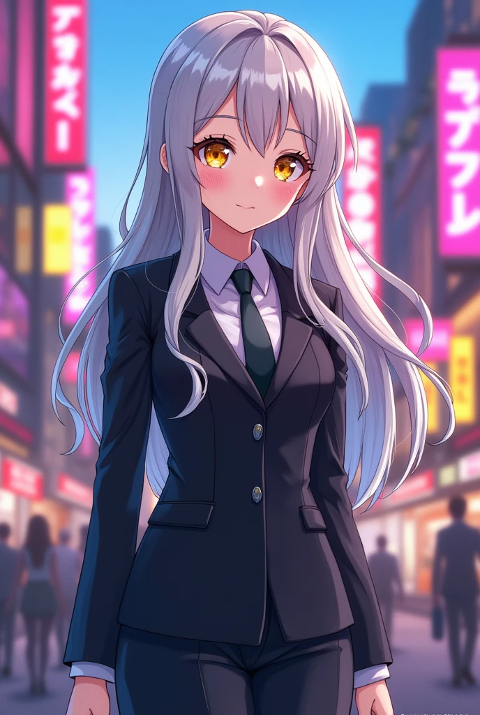 Anime
Silver hair
Golden eyes
Full body
Suit
Cute
