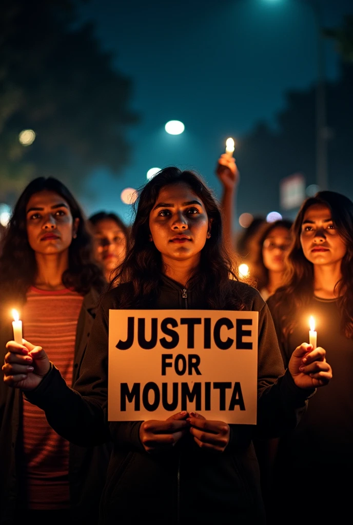 Kolkata girls are protesting in front of R.G Kar Hospital with candles and "JUSTICE FOR MOUMITA" placards at night demanding justice for Dr. Moumita's rape.