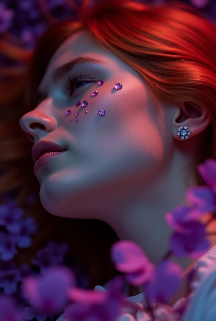 red-haired girl lying on her back, Close-up view. only her profile face is visible, His eyes are closed and there are many tears running down his cheek., Purple tears are flying upwards and the lighting is red and purple and there are purple petals around, cheered up