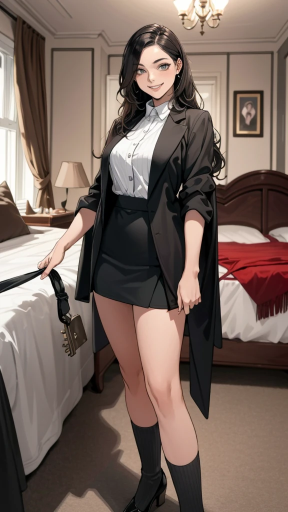 masterpiece, Superior Quality, High resolution, masterpiece, One adult woman, Wicked Smile, Wicked Smile, Evil plan, Brown fur, Black and white outfit , Long Hair, Get the Eyes, mini skirt, Rooms in the house, Holding the key in hand