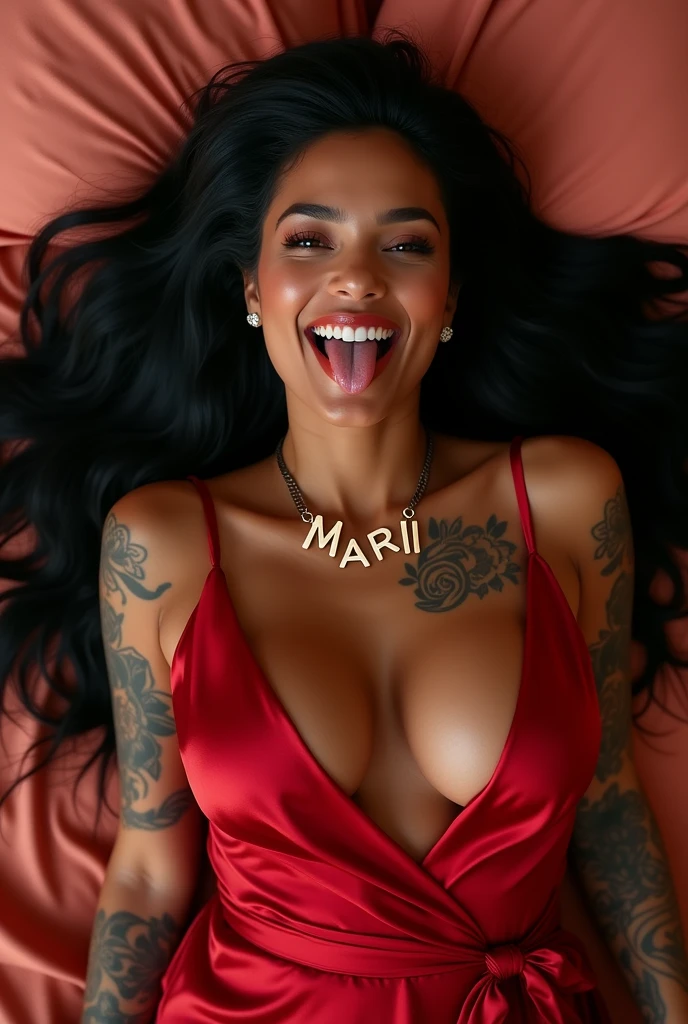 (Instagram photos)a baddie caramel, latina blasian mixed women,glossy skin extremely long glossy black hair touching the floor,) tattoos on skin, necklace that says "(MARII)" who is considered a trendsetter in the field of luxury and lifestyle and gives her followers unique style tips., breasts like Emily Ratajkowski, hourglass figure, the face of a very beautiful gypsy, inspired by exclusive shopping tips and personal experiences, 8 K, extremely detailed, photorealistic, complex parts, реалистичная texture кожи, realistic hair, texture, cheerful, 8 K uhd, Best quality, a high resolution, Attention to detail, big, hot pose on the bed in lingerie, view from above, well-lit and detailed face
STICKING OUT TONGUE SALIVA DRIPPING, wearing a red silky robe