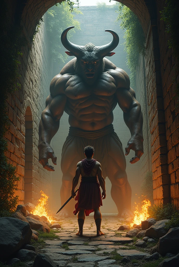 Theseus and Asterion fighting in a labyrinth 