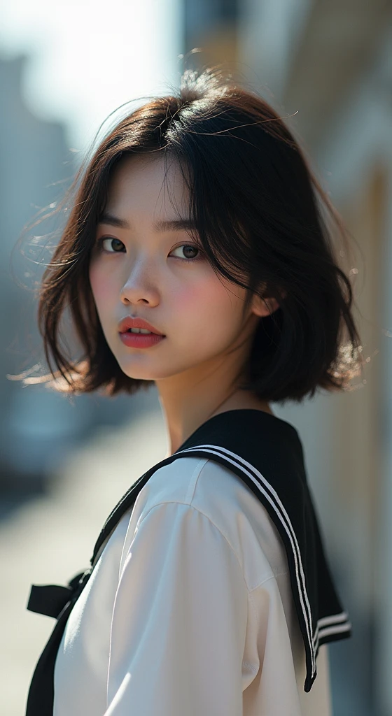 Realistic glowing skin, (sweating:1.4),Stand backwards,Look back at your face,Always look at the camera, (When the uniform gets wet with sweat, it becomes transparent..:1.4),
Classic black and white sailor uniform,Summer clothes,Cold look,Cold Stare,Black Hair,short hair,Tie your hair short,Silky translucent white skin,best Realistic depiction,(Very detailed美しい顔), Great face and eyes, (Highest quality:1.4), (Very detailedな), (Very detailed CG 統合 8k 壁紙), Very detailed, High resolution raw color photos, Professional photography, Realistic portrait,
 (Detailed RAW photos of the girl&#39;s whole body), Canon EOS R5 250mm, Sharp focus, Cinema Lighting,  (No makeup:1.2), Fine skin, Delicate collarbone,Fine texture of the sailor uniform,Very Realistic sailor uniform texture,(Ultra-high resolution:1.6), (Realistic:1.6), 
