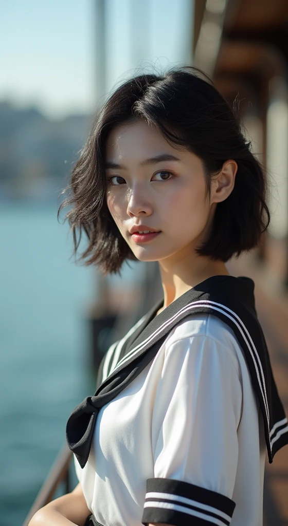 Realistic glowing skin, (sweating:1.4),Stand backwards,Look back at your face,Always look at the camera, (When the uniform gets wet with sweat, it becomes transparent..:1.4),
Classic black and white sailor uniform,Summer clothes,Cold look,Cold Stare,Black Hair,short hair,Tie your hair short,Silky translucent white skin,best Realistic depiction,(Very detailed美しい顔), Great face and eyes, (Highest quality:1.4), (Very detailedな), (Very detailed CG 統合 8k 壁紙), Very detailed, High resolution raw color photos, Professional photography, Realistic portrait,
(Detailed RAW photos of the girl's whole body), Canon EOS R5 250mm, Sharp focus, Cinema Lighting, (No makeup:1.2), Fine skin, Delicate collarbone,Fine texture of the sailor uniform,Very Realistic sailor uniform texture,(Ultra-high resolution:1.6), (Realistic:1.6),