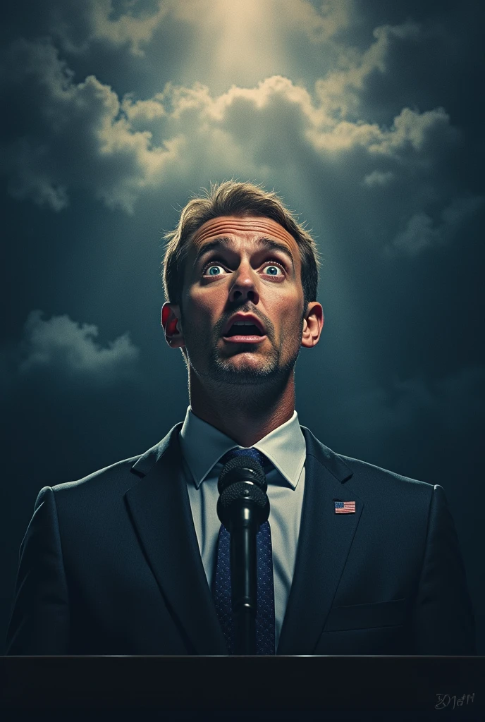A poster with a male candidate afraid to debate in front of a microphone. A face that shows fear.