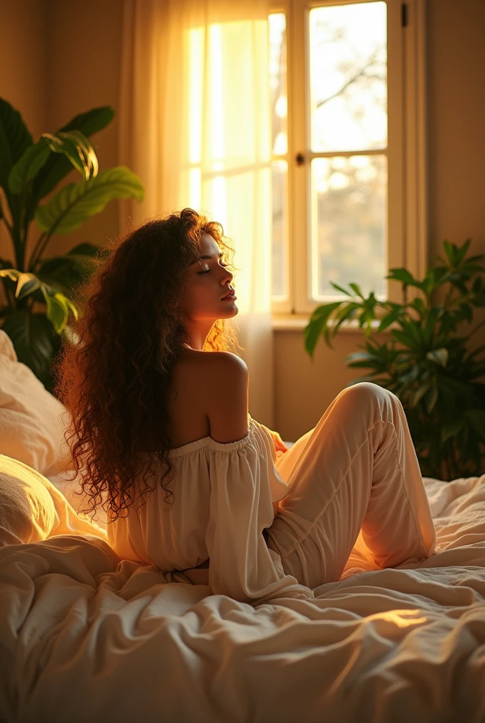(photorealism:1.2), beautiful woman, sitting on bed, wearing loose off-shoulder top, pajama pants, long curly hair, indoors, soft lighting, plants in background, window with sunlight, cozy room, relaxed pose, realistic, intricate details, warm colors, by Greg Rutkowski, by Alphonse Mucha