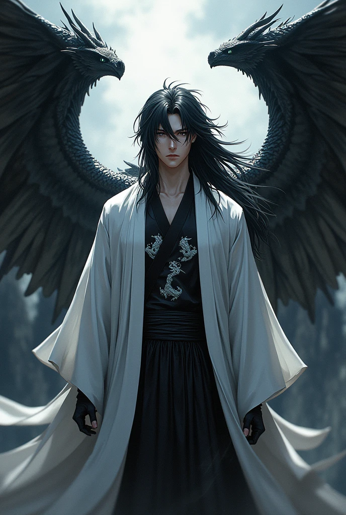 A man with black scales and an extravagant dragon wing, black hair flowing loose with a white streak in it, and long., usando um quimono branco parecidas com as dos capitães do アニメ bleach e uma camiseta preta com símbolos de dragão branco, with 3 copies the same as him behind him. Illustrated RPG concept art style, アニメ, with striking lighting and heavy shadows