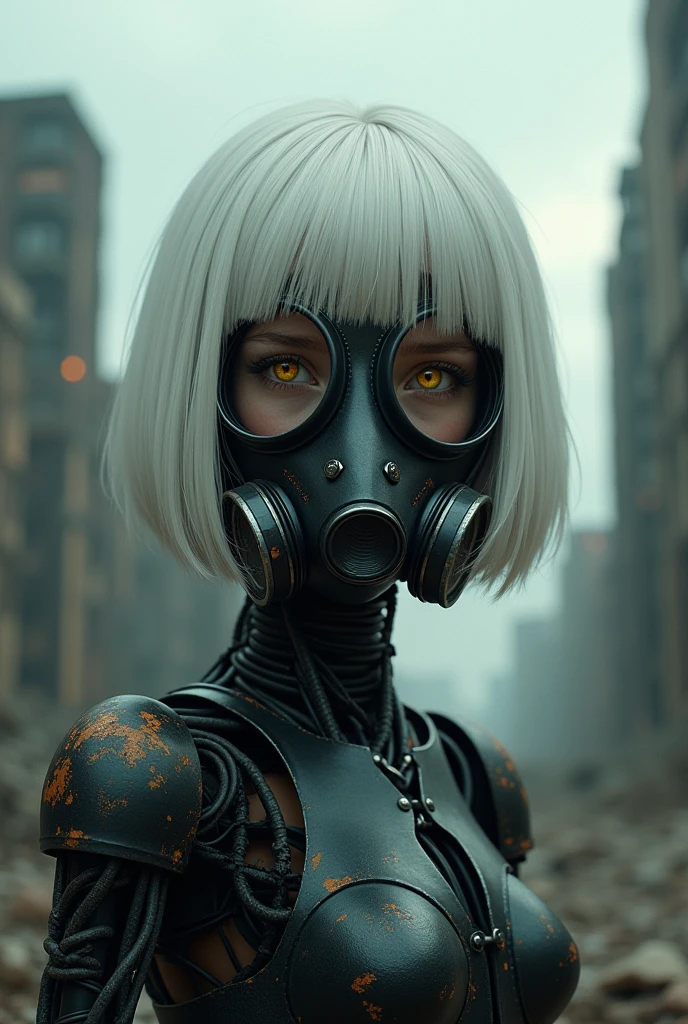 (masterpiece:1.2,high quality), 1girl, ((ultra realistic details)), global illumination, shadows, Unreal Engine, octane render, 8k, ultra sharp, metal, intricate, ornaments detailed, highly intricate details, yellow eyes, (mechanical body:1.2), white hair, (black gas mask), Gear, bob cut, hundreds of wires, Terran, (Robot, android:1.15), Apocalypse, broken buildings