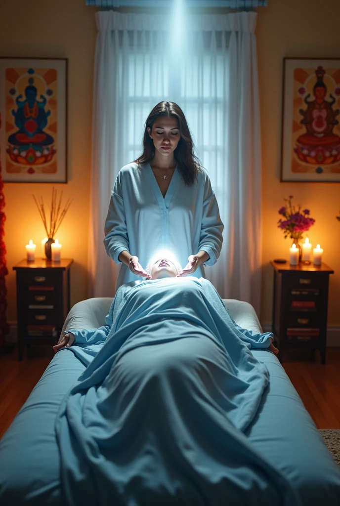 Woman lying on a stretcher covered up to her breasts with a blue sheet receiving exuberant white energy coming out of the hands of another woman who is standing with her hands palms down over the head of the lying woman and white light coming out of her hands in a beautiful comfortable room with candles and large images of Buddha, incense and a picture of the 7 chakras on the wall