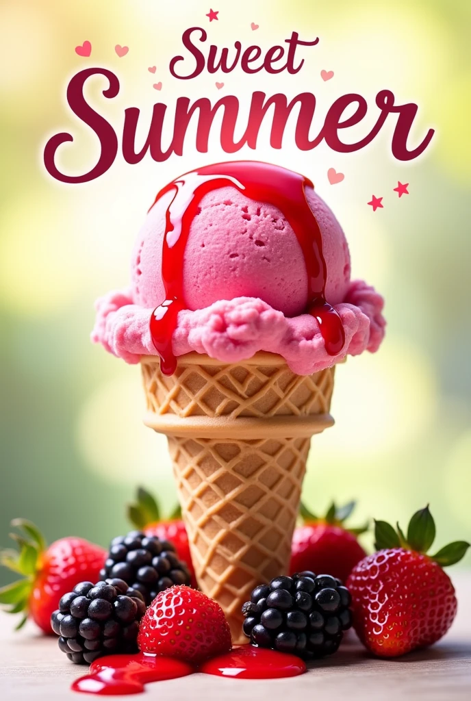 Create a pink, CIRCULAR scoop of ice cream, red fruit sauce and colorful chips, and below the ice cream a pointed cone 12cm long. Blackberry and strawberry fruits around the cone.
sunny background with name sweet summer