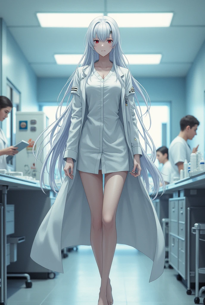 Sora is a tall woman, De pele clara, red eyes and long white hair that reaches mid-thigh. She wears a white blouse, White coat, white pants and white boots. She stands with a grim expression in a nursing station at a hospital., Well, she's a nurse.