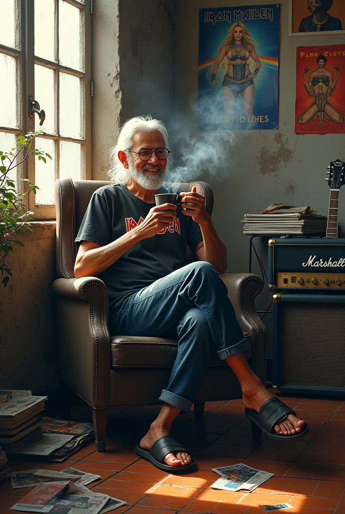 (photorealism:1.2) realistic high detailed definition Malay old man sitting on chair left hand hold cup of coffee and right hand hold cigarette smile face background filthy bricks wall on the room morning mode sunlight effect silhouette wearing shirt black shirt wrote iron maiden full body wearing glasses long white hair short jeans wearing slippers wet floor flower tree and electric guitar on side marshall amplifier magazines on floor poster pink Floyd on wall rack full of vinyl records skull on the table naked women poster on the wall messy room smoke effect
