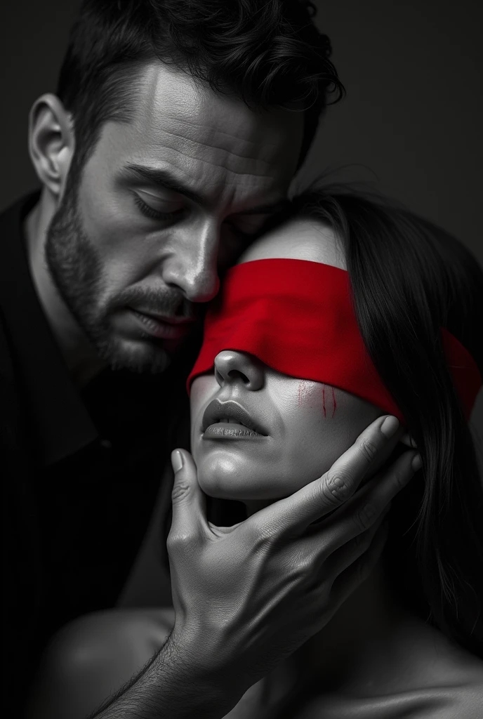 In black and white, depict a man holding a woman's face in an obsessive manner. The woman's face should be blindfolded with a bright red blindfold (the only color in monochrome picture) with a visible dry tear stain on one cheek. The man’s expression should be intense and focused, adding to the obsessive theme. The man held the women from behind, his veiny strong hands holding the woman's chin.