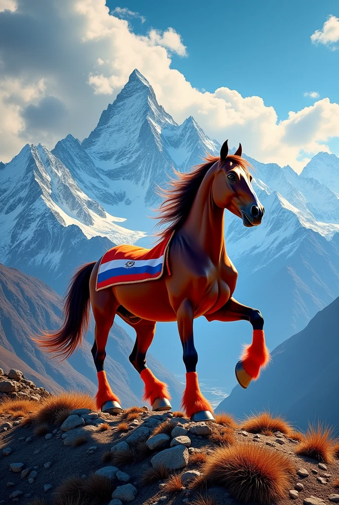 Make a horse with the Paraguayan flag dancing on Mount Everest