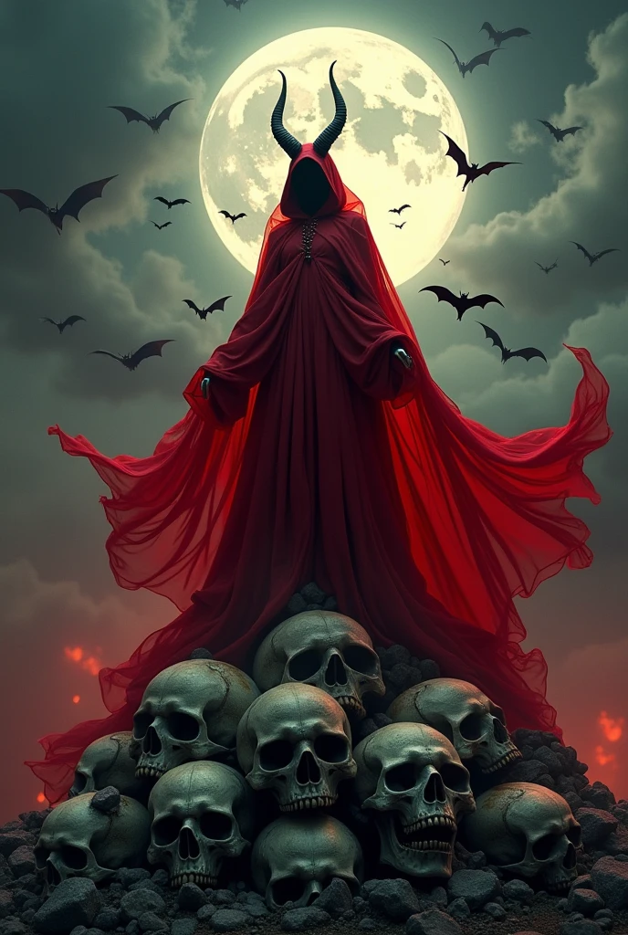 A full-body depiction of an awe-inspiring and powerful red vampire queen standing triumphant over a pile of weathered skulls. Bats flutter around her, their wings blur into the melancholic background. The scene is rendered in a style that blends darkness, epic energy of Frank Frazetta with the hyperrealistic and intricately detailed approach of modern masters like Greg Rutkowski, Beeple, Beksinski, and Giger. The artwork should be incredibly detailed, with an 8K resolution, capturing every nuance of her figure, Skulls, and bats. The composition is perfect, with soft, natural, volumetric light that enhances the chiaroscuro effect, creating a cinematic atmosphere. The texture and shading should evoke a sense of majesty and power, merging photorealism with the fantastic, trending on ArtStation for its sheer impact and artistry.