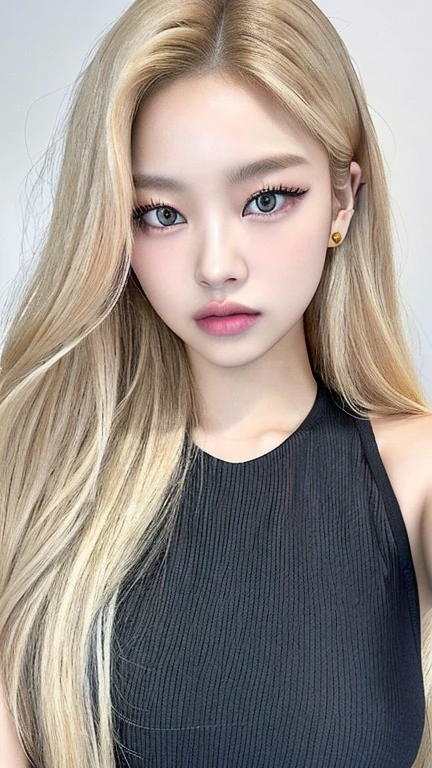 A closeup of a woman with long blonde hair wearing a black top, lalisa manobal, with long hair and piercing eyes, ulzzang, portrait of Kim Petras, portrait of jossi de blackpink, jossi de blackpink, long blonde hair and big eyes, South Korean popular makeup, Lalisa Manoban of Blackpink, roseanne park by blackpink