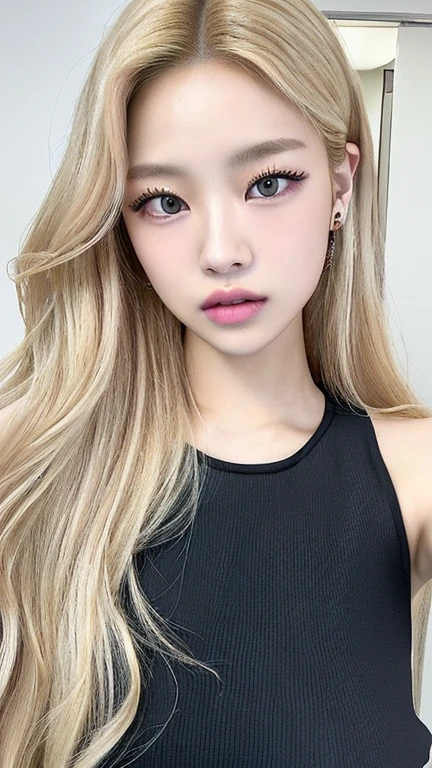 A closeup of a woman with long blonde hair wearing a black top, lalisa manobal, with long hair and piercing eyes, ulzzang, portrait of Kim Petras, portrait of jossi de blackpink, jossi de blackpink, long blonde hair and big eyes, South Korean popular makeup, Lalisa Manoban of Blackpink, roseanne park by blackpink